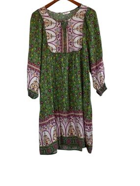 Green Floral Long-Sleeve Bohemian Midi Dress